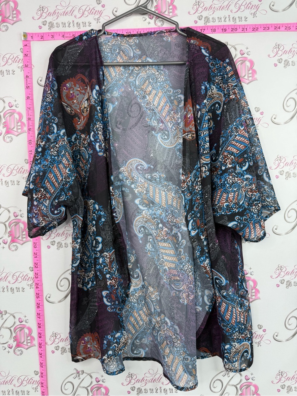 Cardigan coverup sheer Lightweight Paisley Kimono Cardigan - Blue & Purple